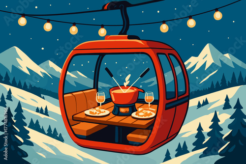 Romantic fondue dinner inside a ski gondola in snowy mountain landscape