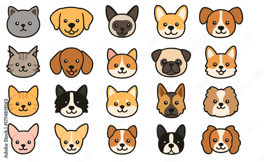 Obraz premium Set of cute cartoon cat and dog face icons