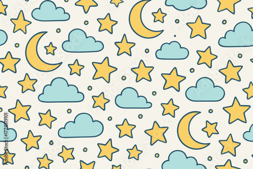 Seamless cute night sky pattern with stars, clouds, and crescent moons