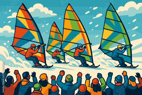 Winter windsurfing competition with colorful sails and crowd