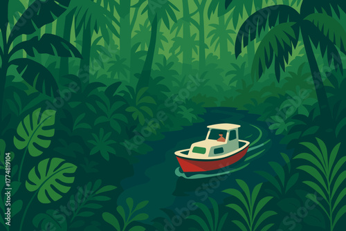 Boat cruising through lush tropical jungle illustration