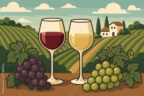 Red and white wine with grapes in scenic vineyard landscape