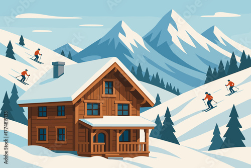 Skiers near alpine cabin in snowy mountain landscape