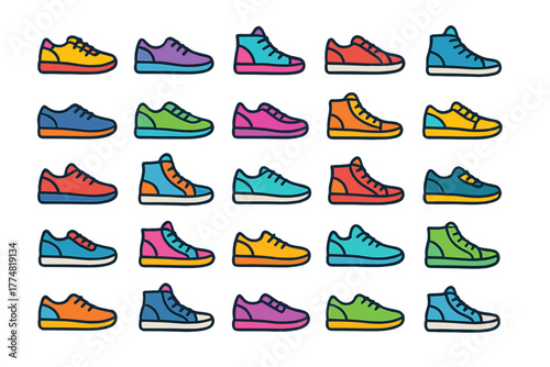 Colorful sneaker icon set with low-top and high-top designs