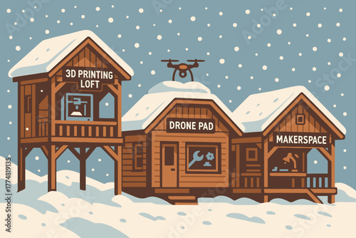 Snowy cabin tech hub with makerspace, drone pad, and 3D printing loft