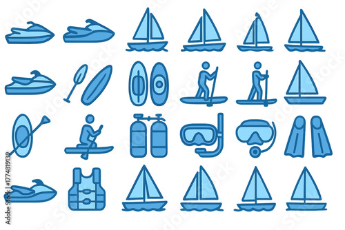 Water Sports & Boating Icon Set – Jet Skis, Kayaks, Sailing, Diving & Paddleboarding