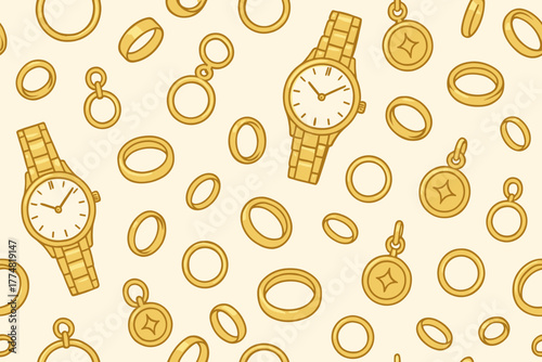 Seamless pattern of gold jewelry with rings, watches, and pendants