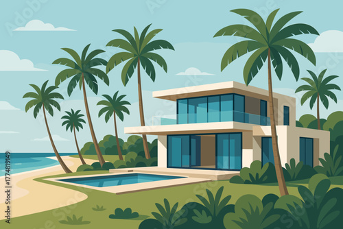 Modern beach house with pool surrounded by palm trees