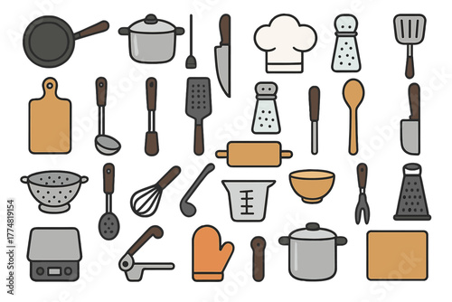 Colorful kitchen utensils and cookware icon set on dark background
