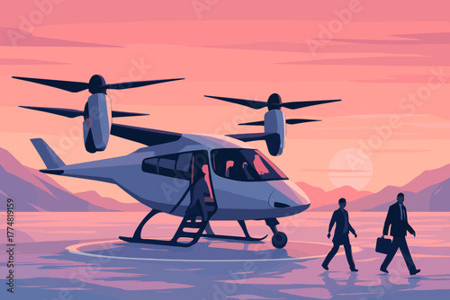 Business travelers arriving in electric air taxi at sunset