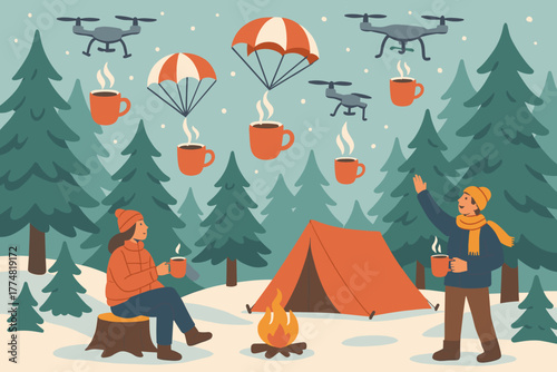 Winter camping with drone coffee delivery