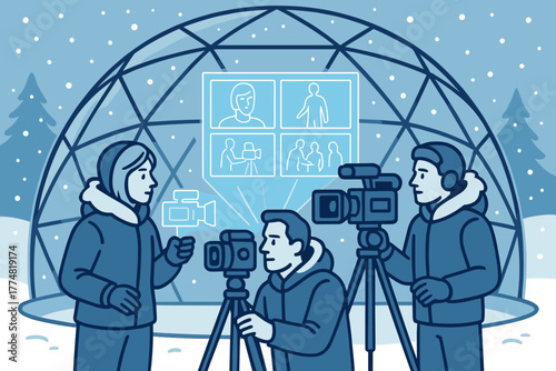 Winter media production team filming in snowy geodesic dome