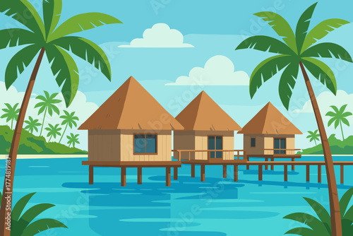Tropical overwater bungalows surrounded by palm trees