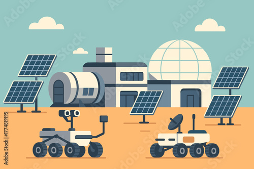 Mars base with solar panels and exploration rovers