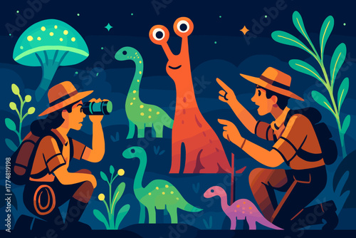 Explorers discovering colorful dinosaurs and aliens at night