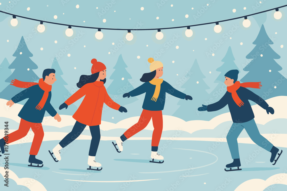 Naklejka premium Friends ice skating together on snowy winter day