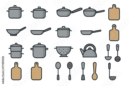 Set of kitchen utensil and cookware icons on dark background