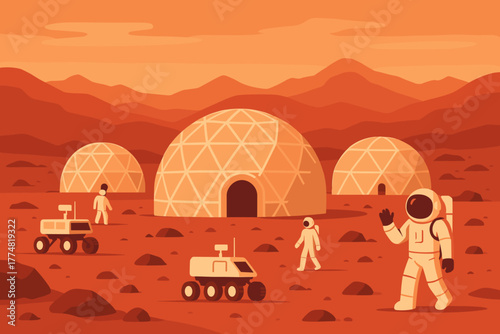 Futuristic Mars colony with astronauts and geodesic domes