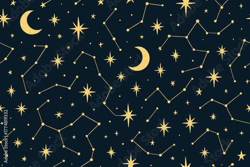 Celestial night sky pattern with stars, moons, and constellations