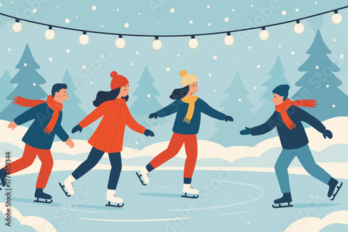 Friends ice skating together on snowy winter day