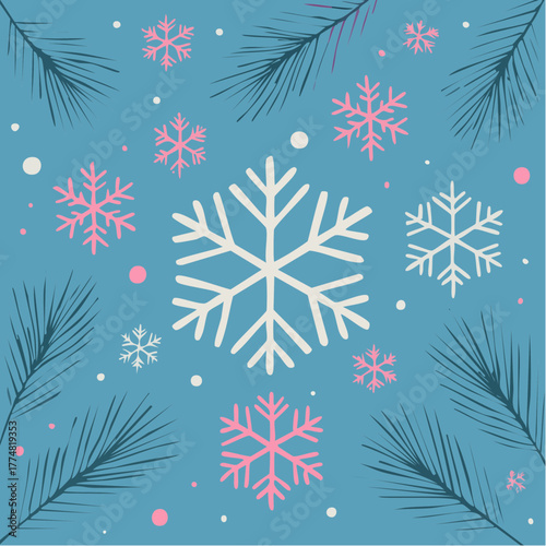 frosted pine cadence: pale-blue snowflake medallion with pink flurry and midnight fir fringe