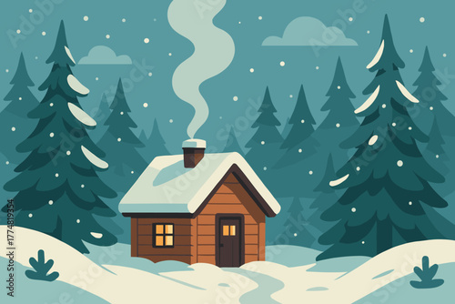 Cozy winter cabin in snowy forest with smoke from chimney