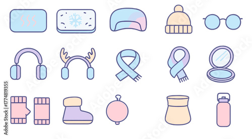 Winter essentials icon set with warmers, scarves, and accessories