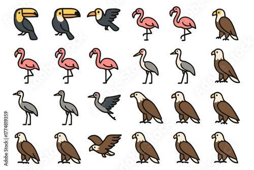Tropical & Wild Birds Icon Set – Toucans, Flamingos, Cranes & Eagles