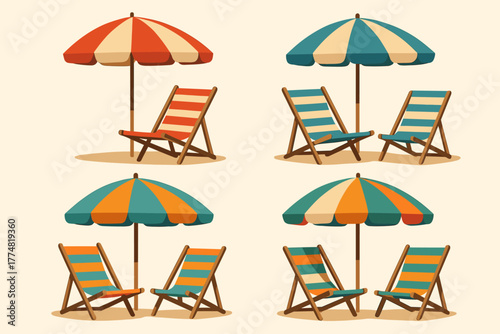 Set of beach umbrellas and striped deck chairs in summer style