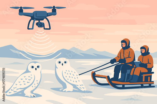 Drone observing snowy owls in Arctic landscape illustration