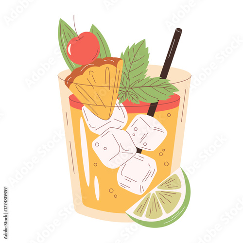 Vibrant Mai Tai cocktail vector illustration. Tropical rum based drink in a old fashioned glass, garnished with pineapple, cherry, mint in a modern hand drawn flat style, perfect for tiki bars
