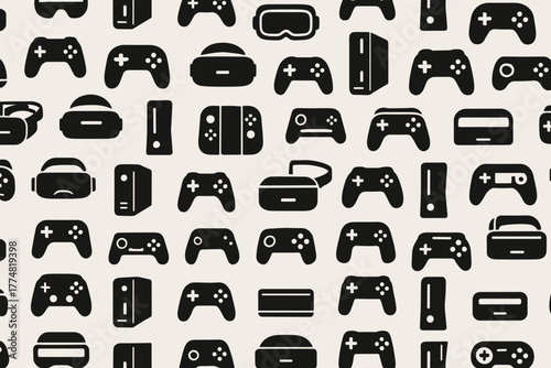 Seamless pattern of game controllers and VR headsets icons