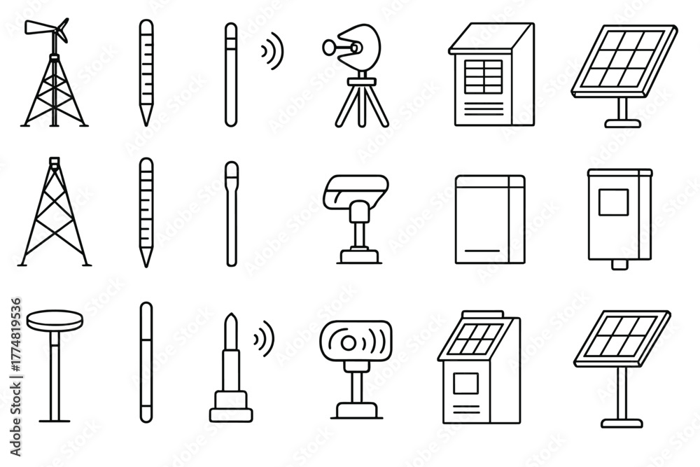 Obraz premium Environmental monitoring and renewable energy equipment icon set