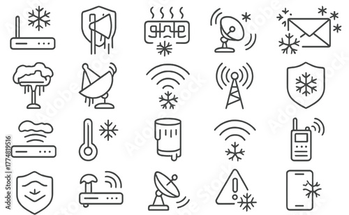 Winter weather communication outage and tech failure icons set