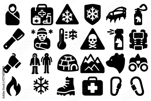 Winter wilderness survival and safety icon set