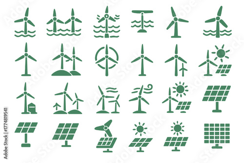 Set of wind turbine and solar panel icons on green background