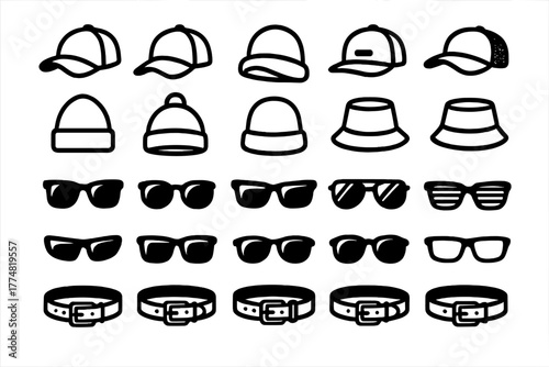 Minimalist black fashion accessories icons on dark background