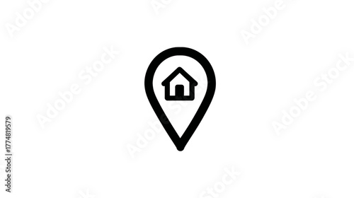 Home location pin icon. Map marker with house symbol indicating address, property, or real estate on a white background.