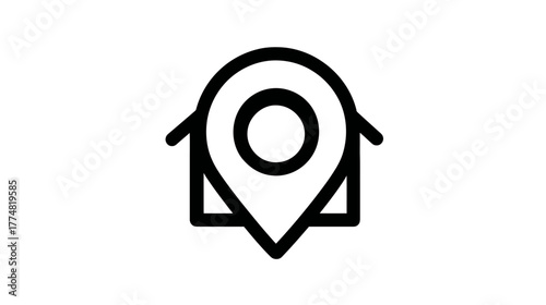 Home location map pin icon. Simple black line graphic combining a house outline with a geolocation marker for property address.