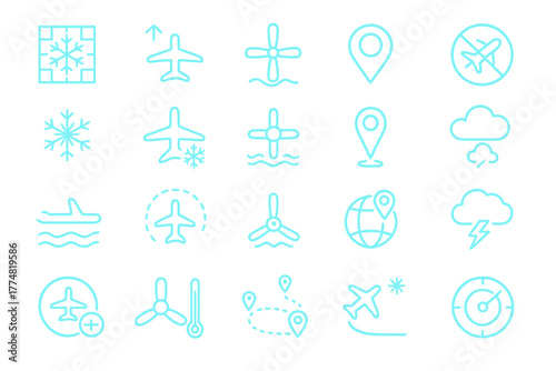 Glowing set of aviation and weather icons in neon style