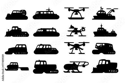 Silhouettes of snow vehicles, ships, and drones on dark background