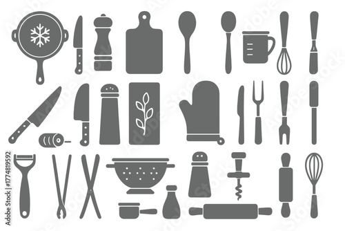 Minimalist kitchen utensil icons on dark metallic background