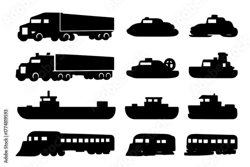 Silhouettes of various transport vehicles on dark background