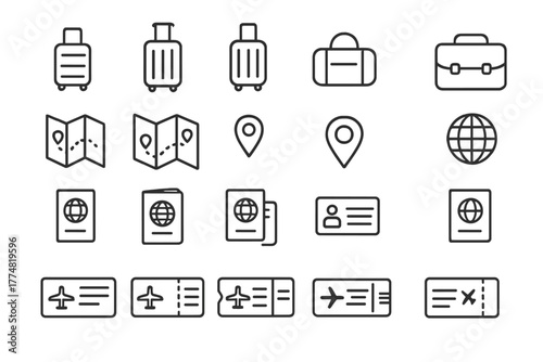 Minimal travel and luggage icon set on dark background