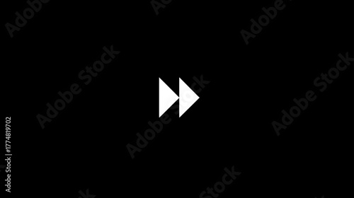 White double arrow fast forward icon on a solid black background, representing media control for skipping content in video and audio players, user interface element.