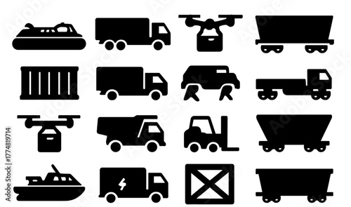 Black silhouette icons of transportation and logistics vehicles