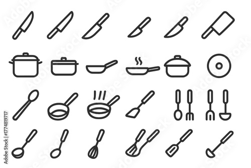 Set of black kitchen utensils and cookware icons