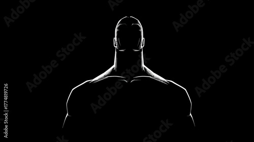 Dramatic silhouette of a powerful muscular man with strong rim lighting. Anonymous, intense, and mysterious figure on a dark background.