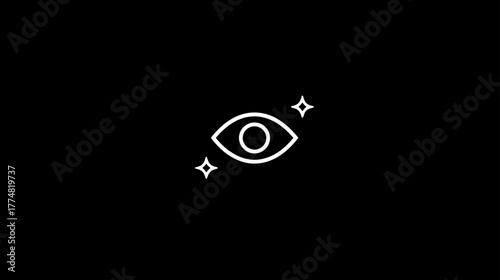 White outline eye icon with subtle sparkles on a minimalist black background, representing vision, insight, digital perception, and magic.