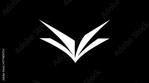 Abstract geometric white symbol on black background, minimalist elegant design, stylized open book or rising wings concept.